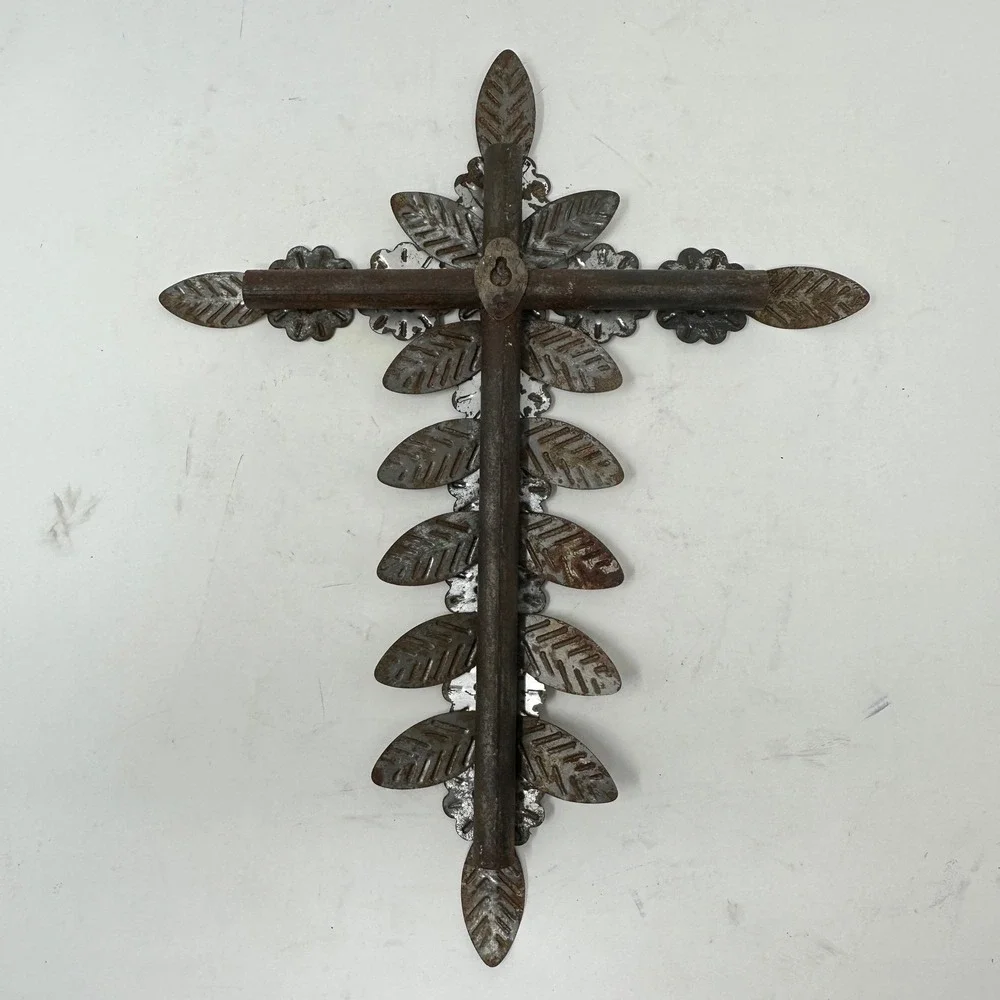 Rustic Distressed Metal Floral Wall Cross Brown Silver Weathered Farmhouse 11.5